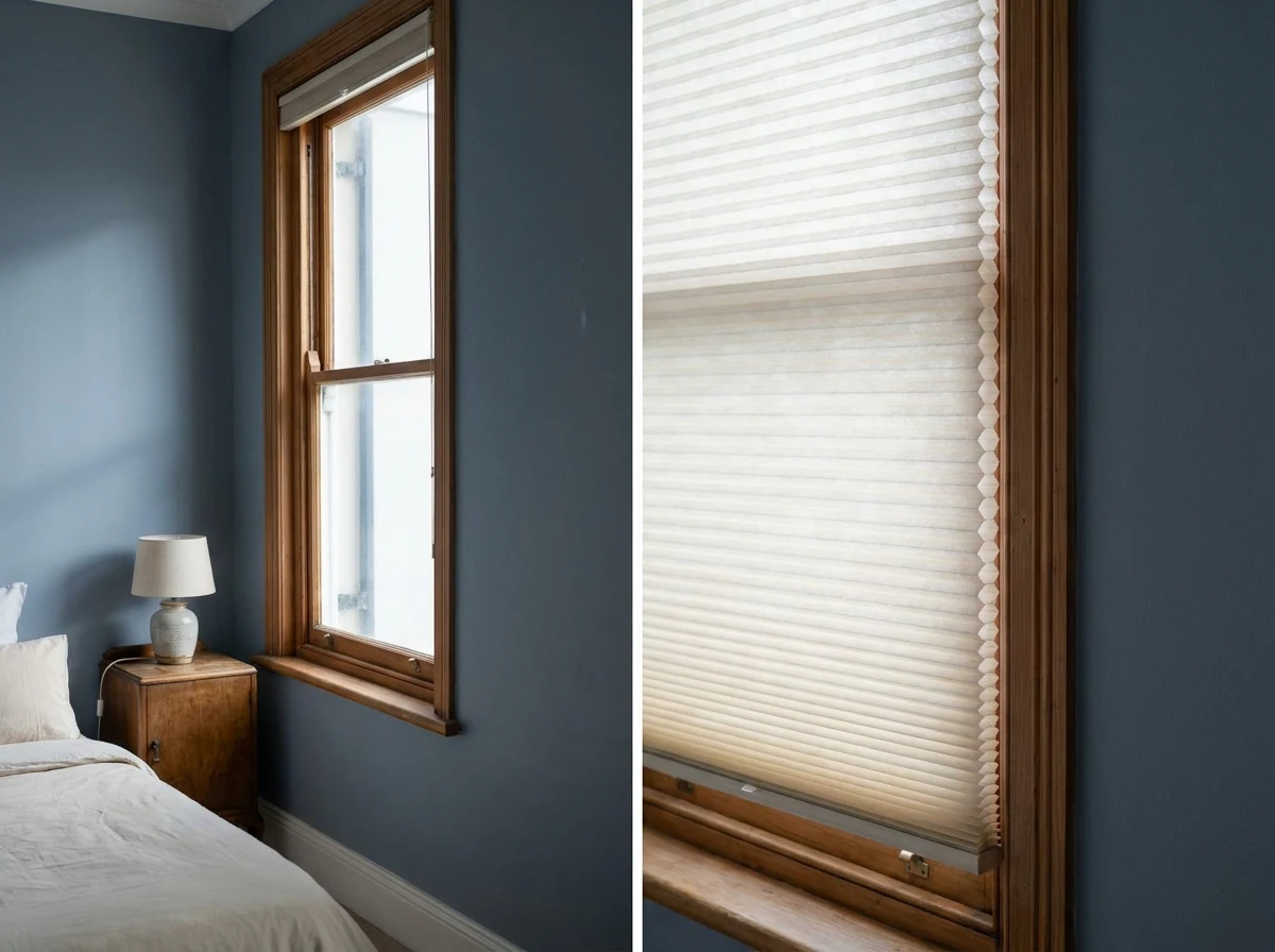 Pleated cellular honeycomb blind lowered over a sash window in a heritage Tamboerskloof bedroom