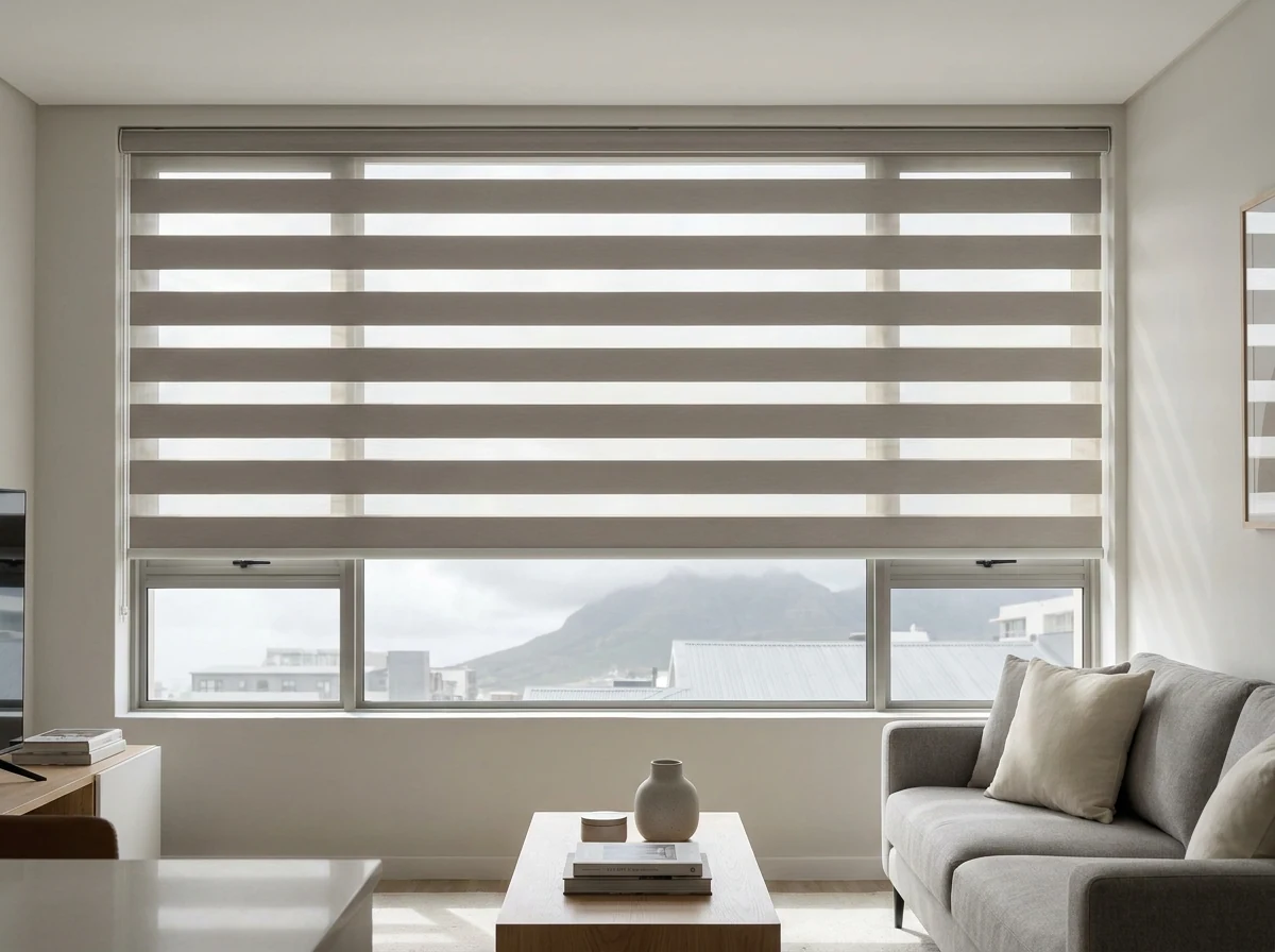 Day and night zebra blind on wide apartment glass with a Table Mountain view in Tamboerskloof, Cape Town
