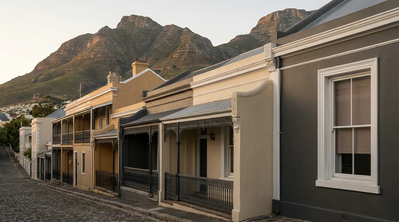Row of Victorian terrace houses on a cobbled Tamboerskloof street with ornate cast-iron verandahs, Table Mountain and Lion's Head rising directly behind the rooftops at dusk