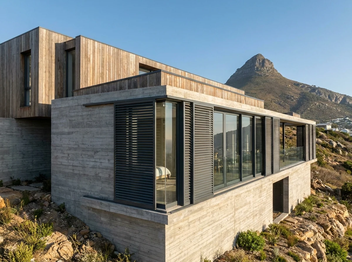 Contemporary architect-designed home on the steep Table Mountain slope in Higgovale, Cape Town, with external shading and Lion's Head behind