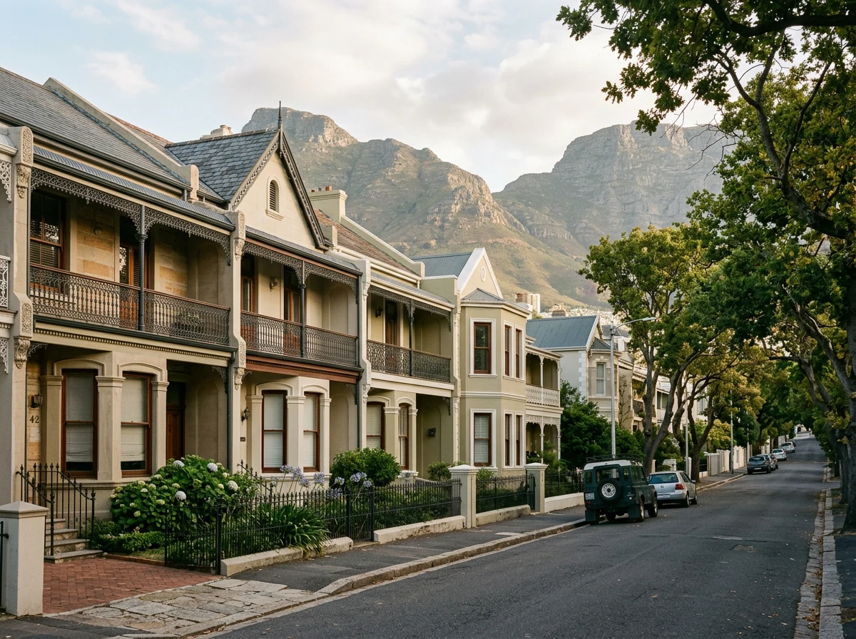 Row of restored Victorian and Edwardian double-storey homes with wrought-iron balconies in Oranjezicht, Cape Town, Table Mountain behind