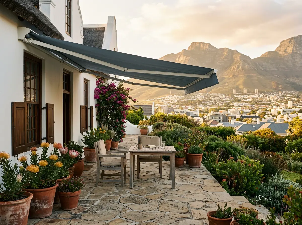 Patio of a Cape Dutch/Victorian Tamboerskloof home shaded by a fold-arm awning, potted proteas and Table Mountain in view