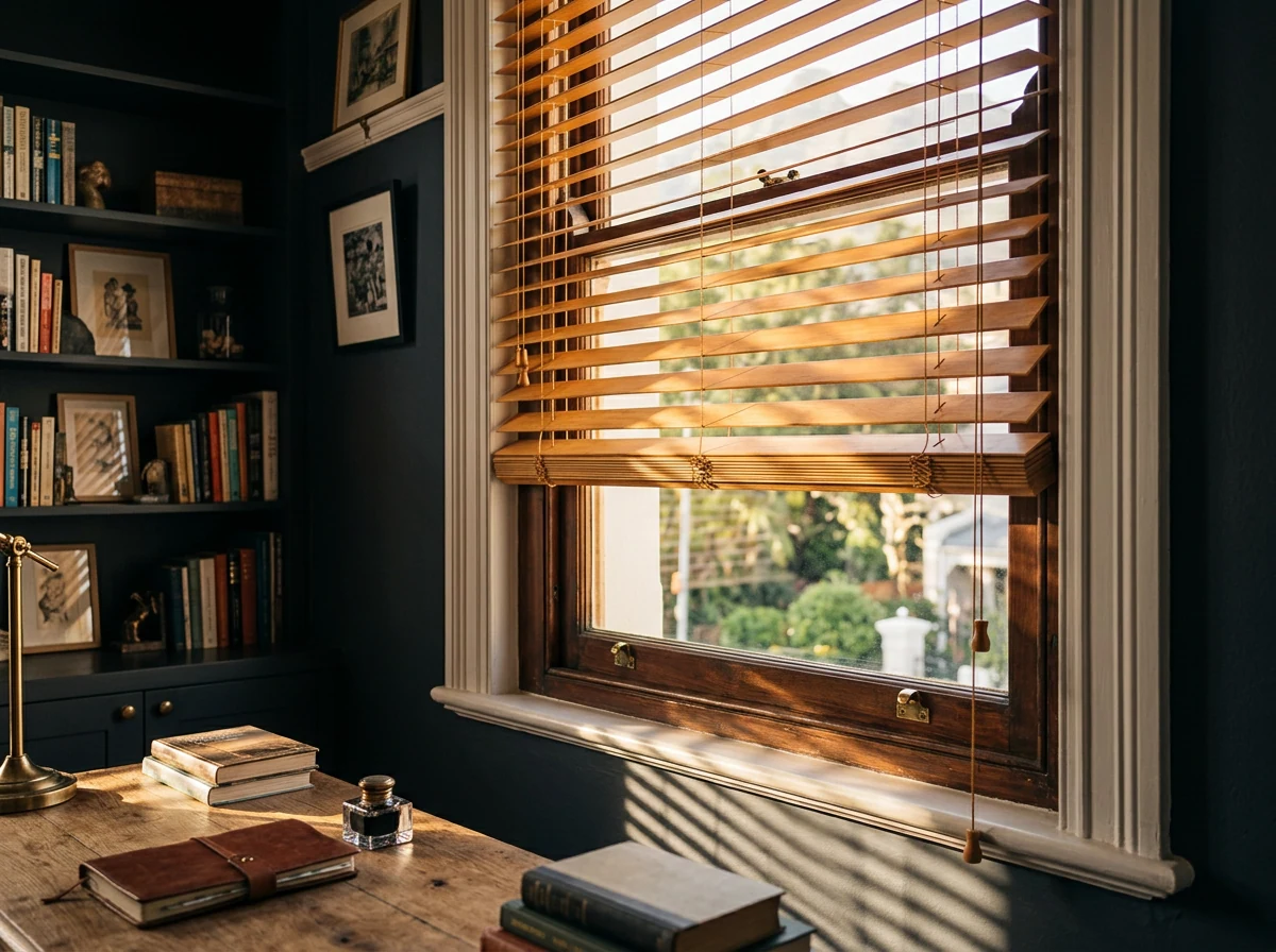 Timber venetian blind slats tilted across a tall sash window in a heritage Tamboerskloof study